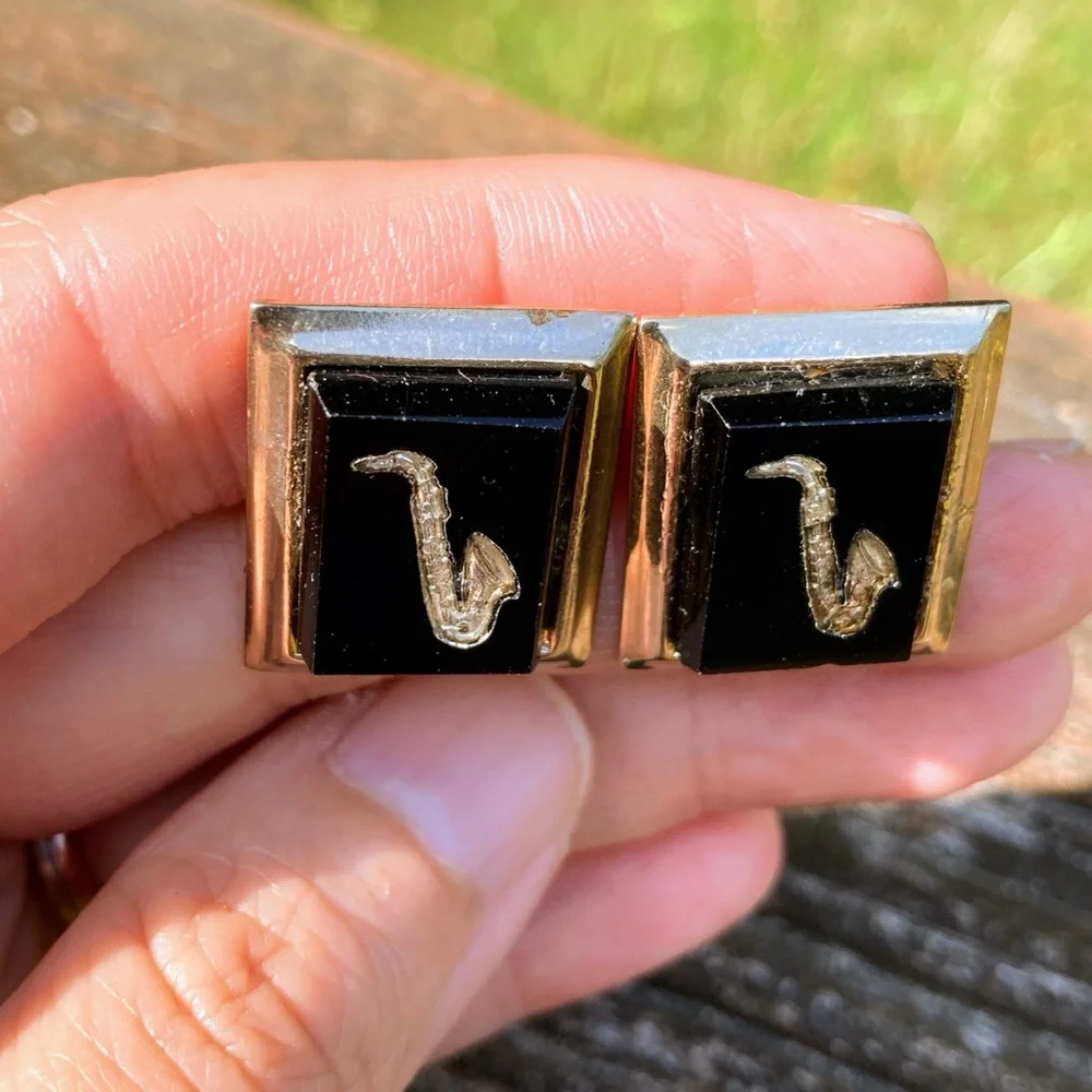 Vintage Black Glass Etched Saxophone Silver Tone Cufflinks